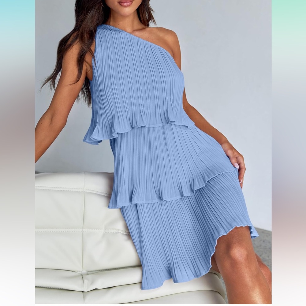 Mini Dress Boho One Shoulder Ruffle Tiered Layered Chiffon Flowy A Line Dresses
